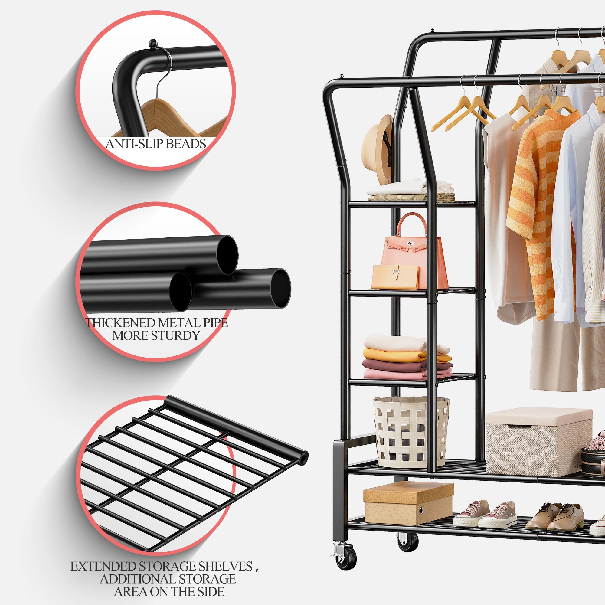 Raybee Clothing Rack with Shelves &Double Hanging Rods, Portable Clothes Rack with Wheels Rolling Garment Rack,  HangingClothing racks Holds Up to 245LBS, Metal Closet Rack, Clothes Organizer Solutions 43.3"Wx22"Dx70.3"H