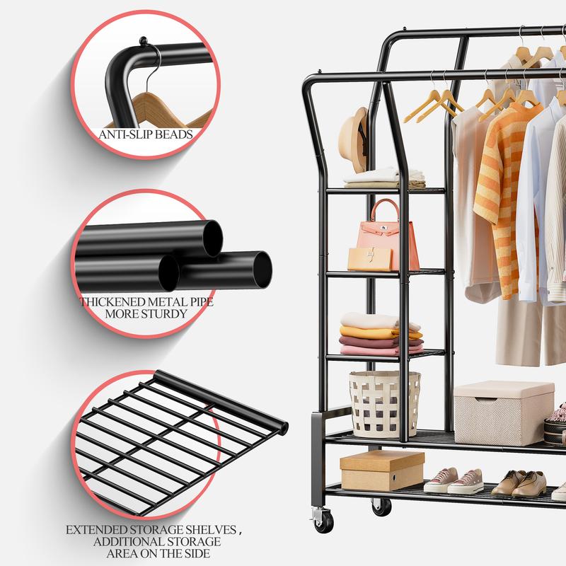 Raybee Clothing Rack with Shelves &Double Hanging Rods, Portable Clothes Rack with Wheels Rolling Garment Rack, HangingClothing racks Holds Up to 245LBS, Metal Closet Rack, Clothes Organizer Solutions 43.3"Wx22"Dx70.3"H Raybee Clothing Rack with Shelves &Double Hanging Rods, Portable Clothes Rack with Wheels Rolling Garment Rack, HangingClothing racks Holds Up to 245LBS, Metal Closet Rack, Clothes Organizer Solutions 43.3"Wx22"Dx70.3"H