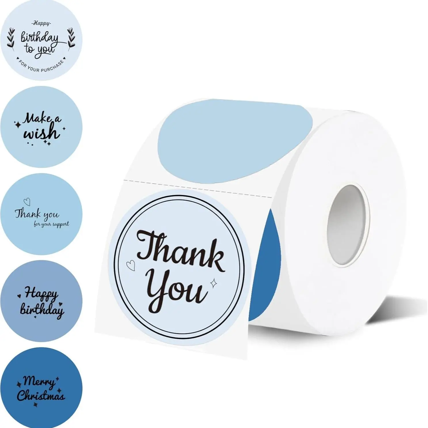 STARBOLING 2-in-1 Self Adhesive Round Direct Thermal Printing Labels, Blue Office Sticky Decal Paper for Business, 300 Labels/Roll for Bouquets, Wedding Gifts & Personalized DIY Logo/Thanks Card