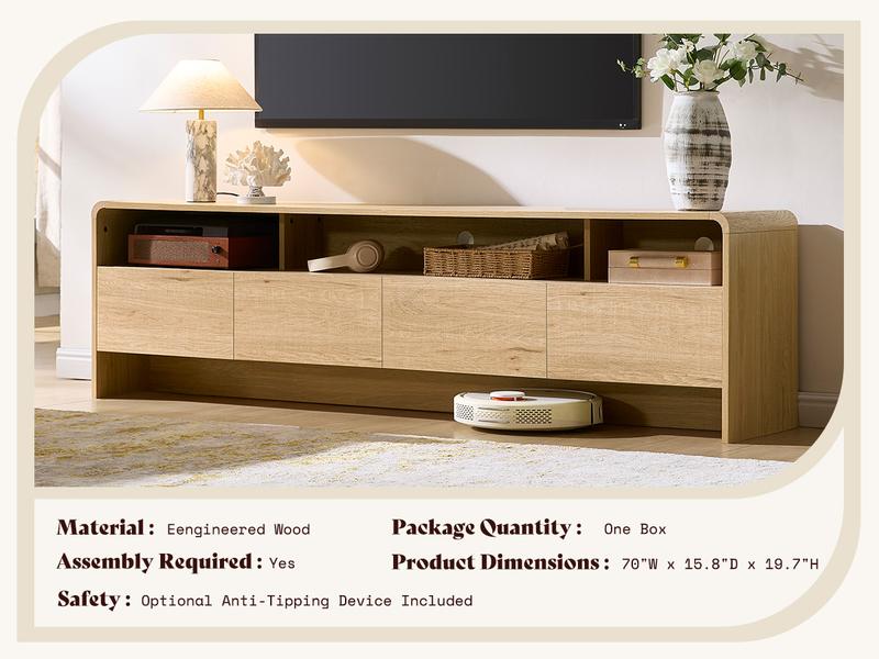 AMERLIFE 70" Modern TV Stand for TVs Up to 80", Wood TV Console with Curved Profile Design & 2 Storage Cabinets, Media Console Entertainment Center for Living Room, Bedroom/Best Gift Ideas/Christmas Gifts
