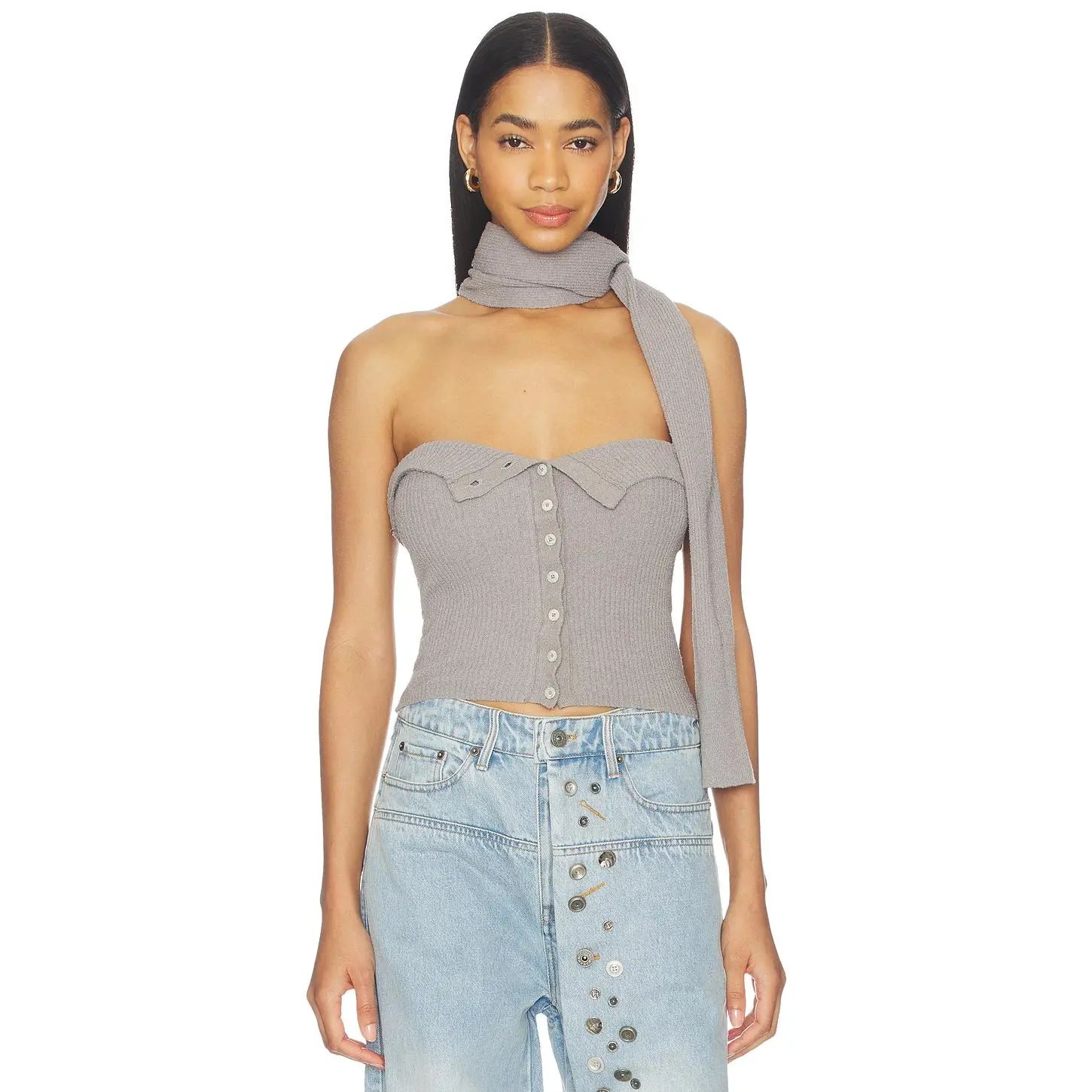 MARRKNULL Halter Neck Knit Bandeau Top in Grey
