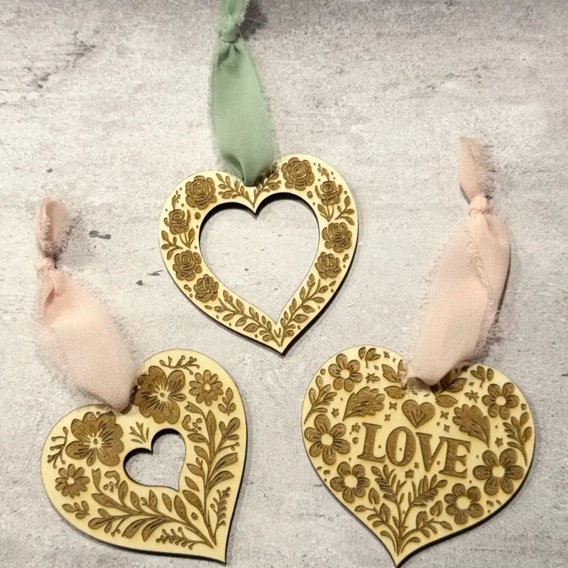 Heart Laser Engraved Wood Ornaments, Gift Tag, Anniversary Gift Idea, Handmade Heart Gift Tags