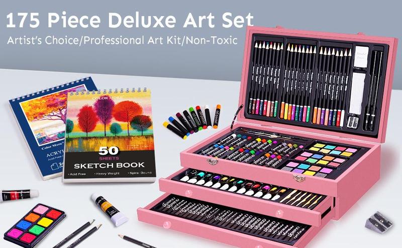 175 Piece Deluxe Art Set, Acrylic Paints, Crayons, Colored Pencils, Painting Materials, Professional Art Kit in Wooden Case, Art Supplies for Adults, Teens, Kids, Beginners, Gifts for Birthdays, Art Maker, Coloring Books, Valentinesdaygift