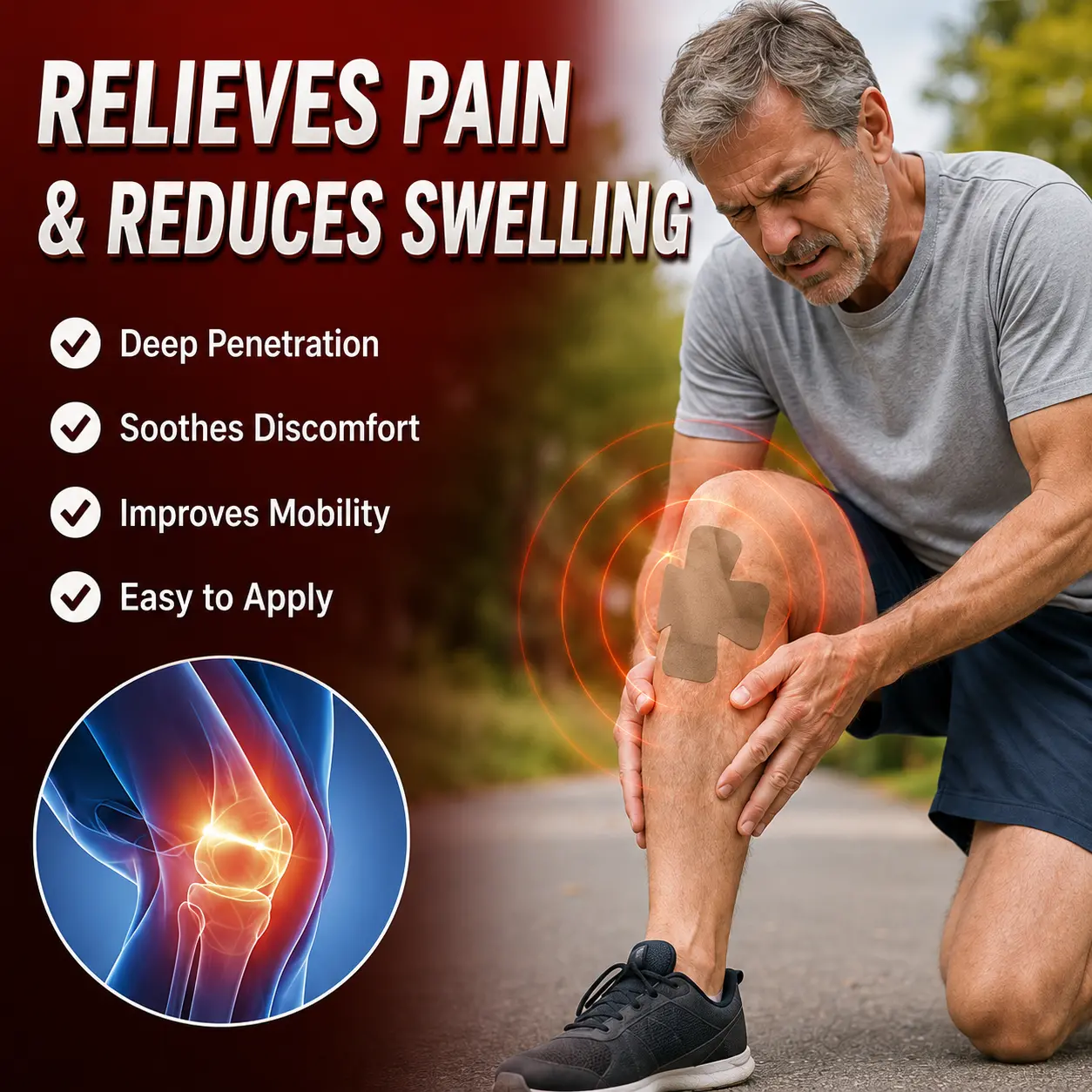 Special physiotherapy patch for knees targeting joint swelling and inflammation caused by cold injury and overuse; relieves pain from squatting and exertion; relaxes stiff joints and soft tissues; aids knee recovery after prolonged walking or climbing; im
