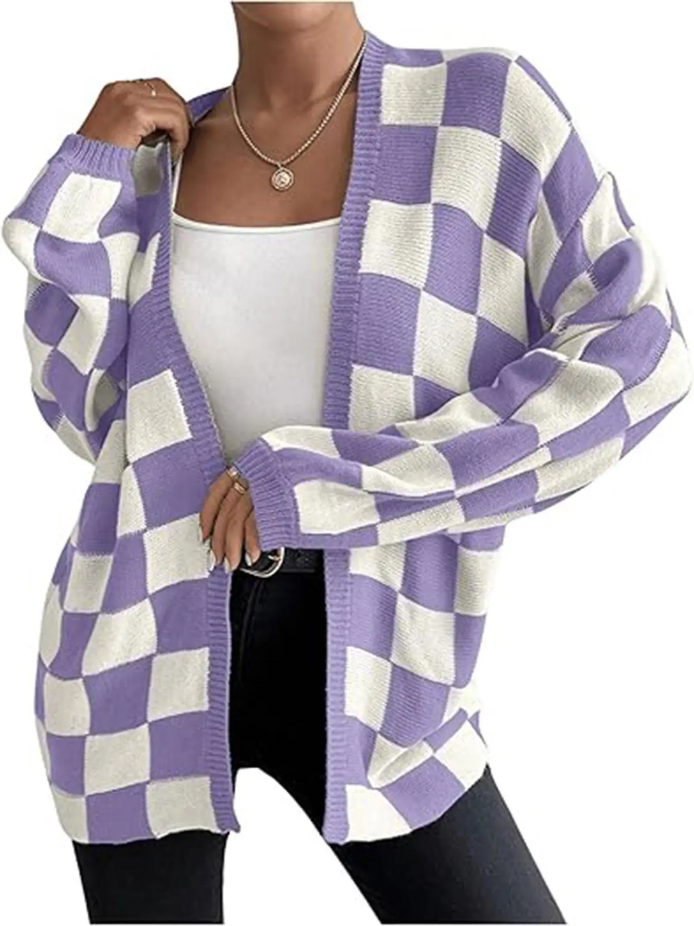 Plus Size Women's Knitwear Fall Winter Halloween Plaid Drop Shoulder Long Sleeve Cardigan, Vintage Patchwork Knit Skirt, Casual V Neck Sweater