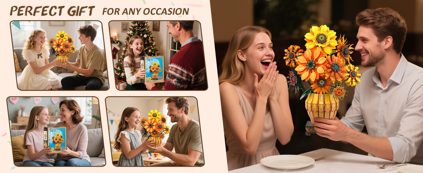 Sunflower Building Set with Lights Vase Base, Flowers Botanical Collection Building Block Home Decor, 1180PCS Art Flower Bouquet Bonsai Plant Building Kit Gift for Adults Teens Girls Boys 12+