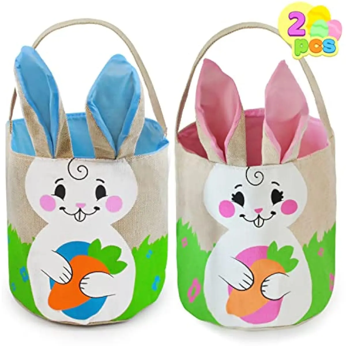 2 PCS Easter Bunny Burlap Basket Set Easter Eggs Hunt Basket Canvas Gift Tote Bag Buckets with Rabbit Ear, Party Favors Celebrate Decorations Gift Candy Toy Storage for Kids Girls Boys(16"X7.5")