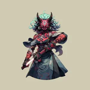 Oni Samurai Demon Warrior Sticker, Japanese Mask Katana Anime Tattoo Kimono Decal