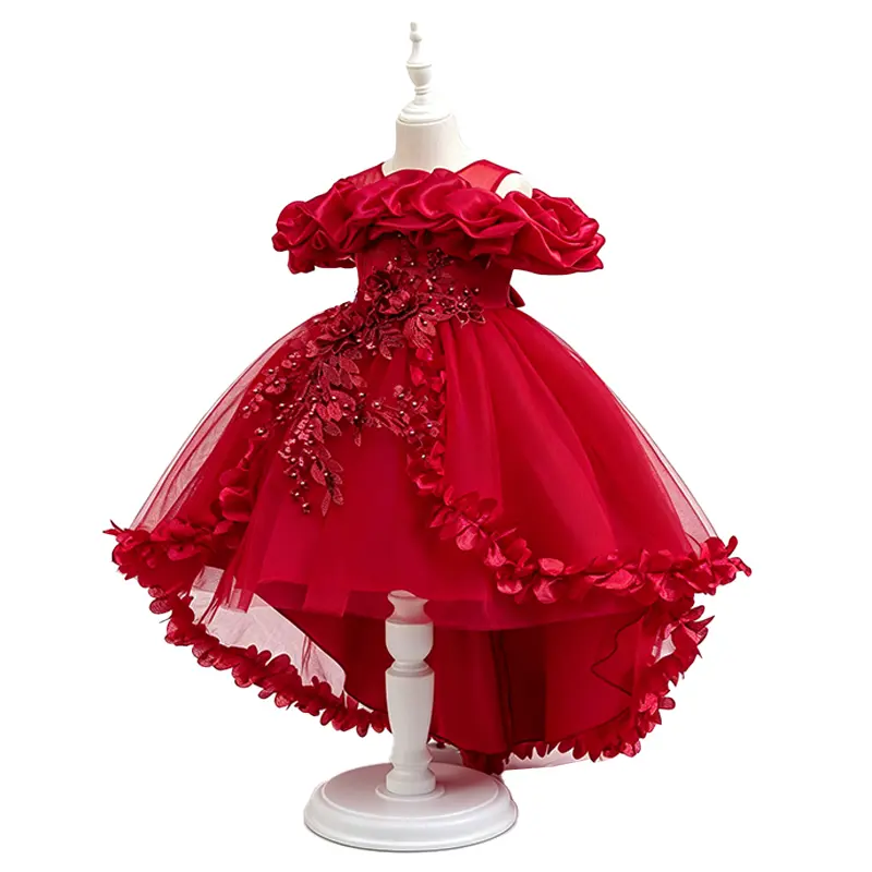 Girls Princess Dress High Low Long Train 3D Flowers Halloween Costume Spooky Party Outfit Trick or Treat Fancy Dress Up Gown Birthday Performance Elegant Style，mothersdaygift Vintage Girly Clothes