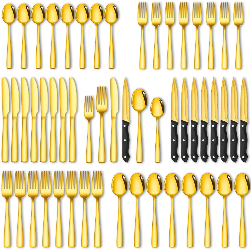 24/48-Piece Gold Silverware Set Service for 4/8 - Stainless Steel Gold Flatware Serving Set - Cutlery Set - Knives, Fork, and Spoon - Dishwasher Safe - Stunning Polished Finish Steak Sturdy