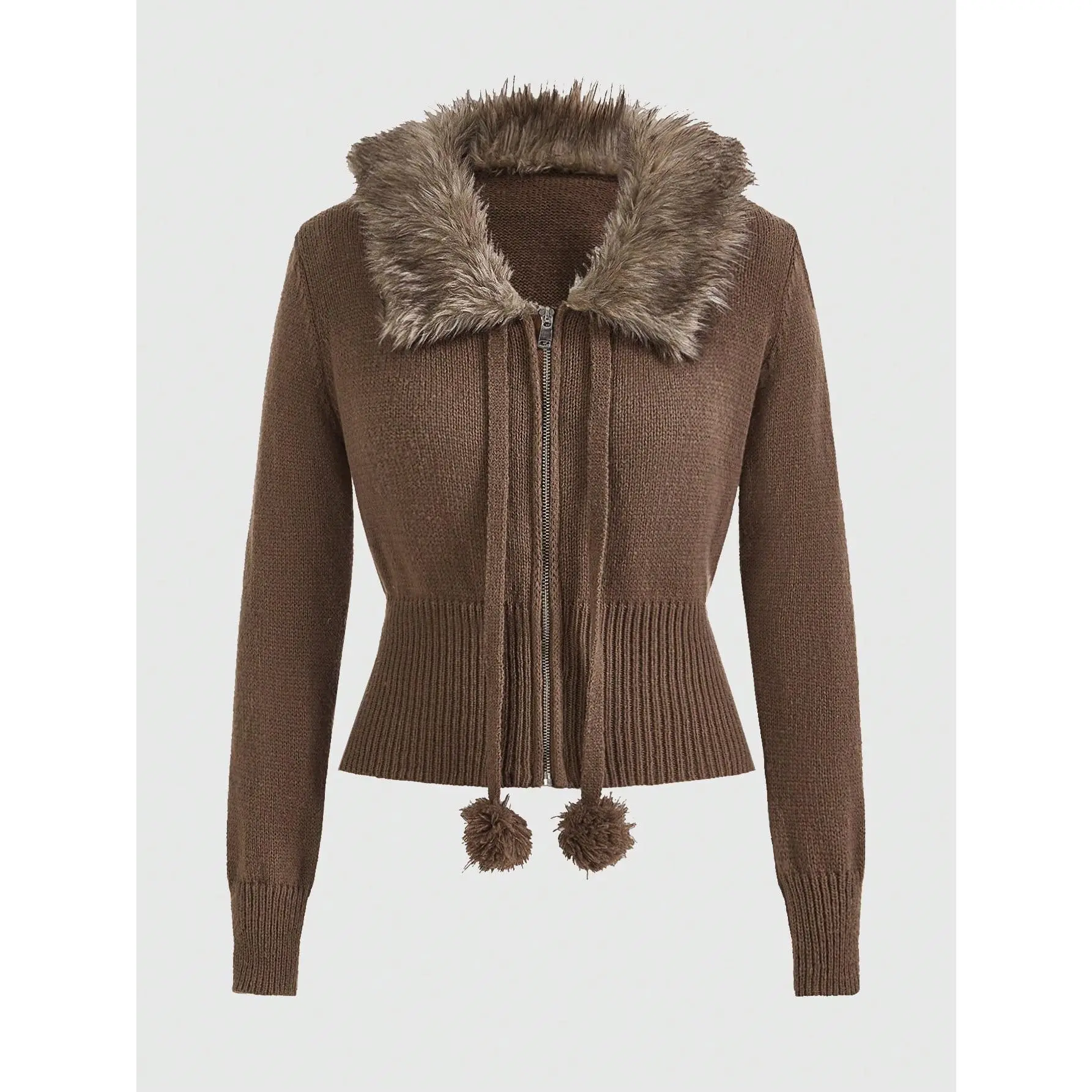 Women's Soft Knit Fabric Zip-Up Collar Long Sleeve Cardigan Sweater - Fuzzy Pompom Trim Casual Outerwear for Suits, Tops, Sweaters