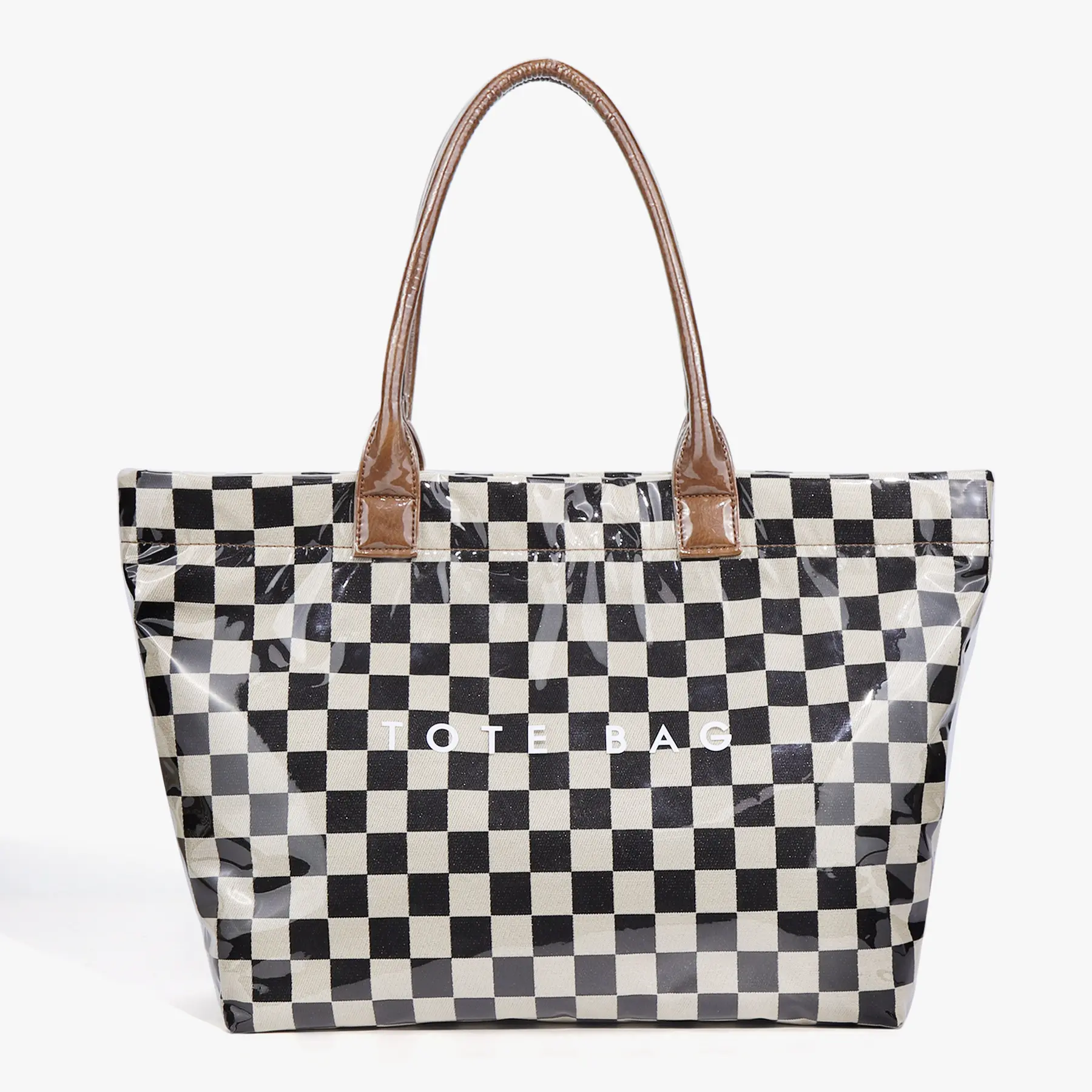 Women's Basic Chic Retro Plaid Brown Waterproof High-Capacity Tote Bag - Double Handle, Shoulder/Handheld Carry, Minimalist Transparent Design, Commuter Style, Zip Closure