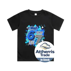 Blue Checkered I was 6 Now I'm 7 Birthday Boy Bday 6 7 Meme Cotton T-shirt, Graphic Print Round Neck Short Sleeve Casual Tee for Boys Girls