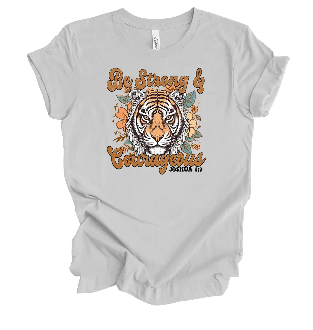 TRENZ SHIRT COMPANY Women's Relaxed Fit Graphic T-Shirt, 100% Cotton Christian "Be Strong and Courageous" Tiger Design, Tshirt, Top, Streetwear, Shortsleeve, Breathable, Bible Verse, Thoughtful Gift, Lady, Casual, Tiger Head, Comfortable, Round Neck, Clot