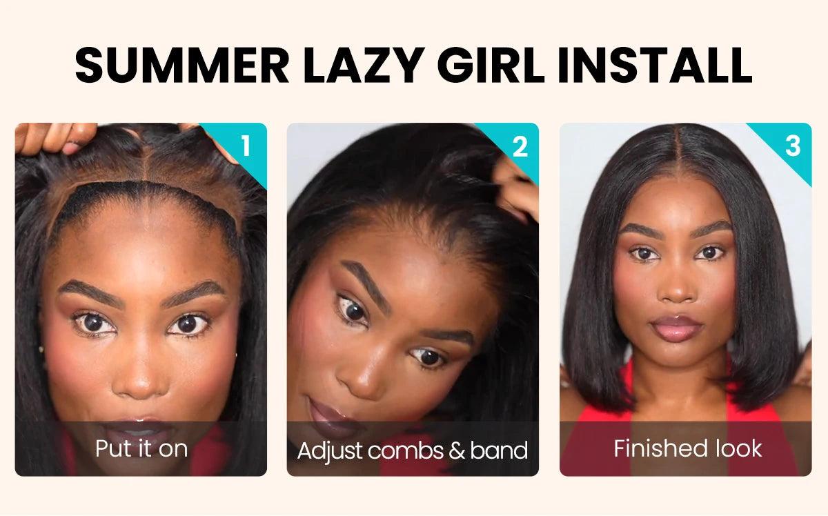 Wear & Go Yaki Straight Glueless Bob Wig Pull Go Pre Cut Lace Wig Natural Human Hair Wig Pre-Everything Wig #1B 180% Density Glueless Lace Black Yaki Bob Bleached Knots Wig SpringStatements