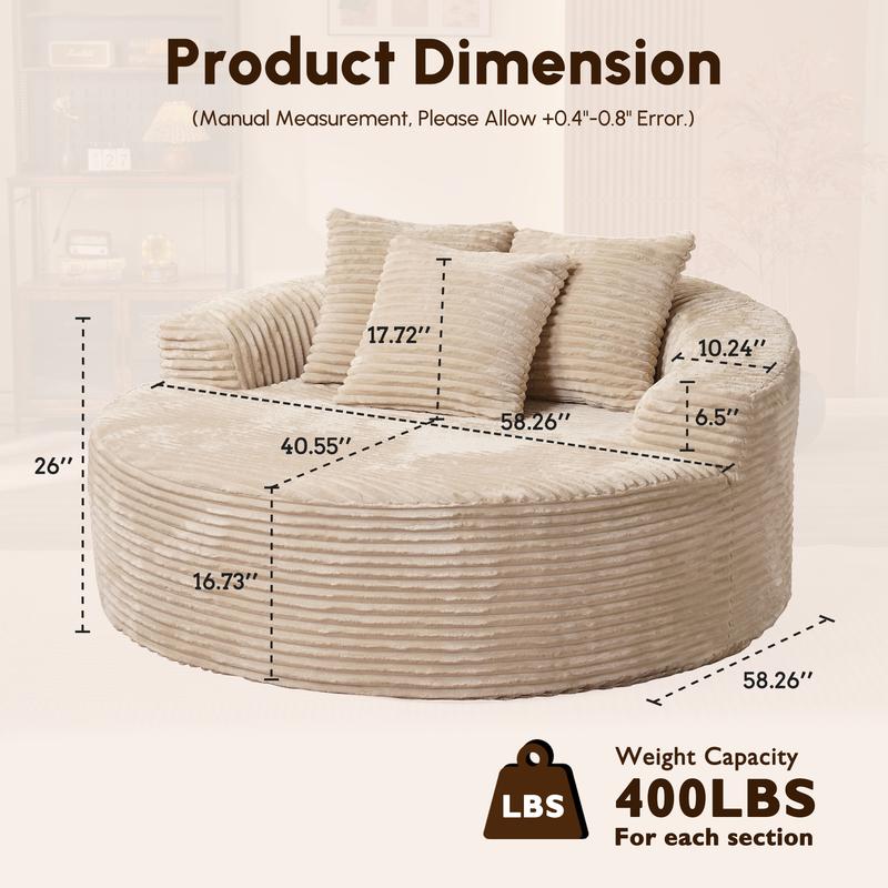 【Black Friday Sale】Ovios 59" W Oversized Round Sofa Bed - Fluffy Lazy Bean Bag, Modern Deep Seat Couch for Relaxation, Plush Corduroy Fabric, 3 Pillows Included, No Assembly Required 【Black Friday Sale】Ovios 59" W Oversized Round Sofa Bed - Fluffy Lazy Bean Bag, Modern Deep Seat Couch for Relaxation, Plush Corduroy Fabric, 3 Pillows Included, No Assembly Required