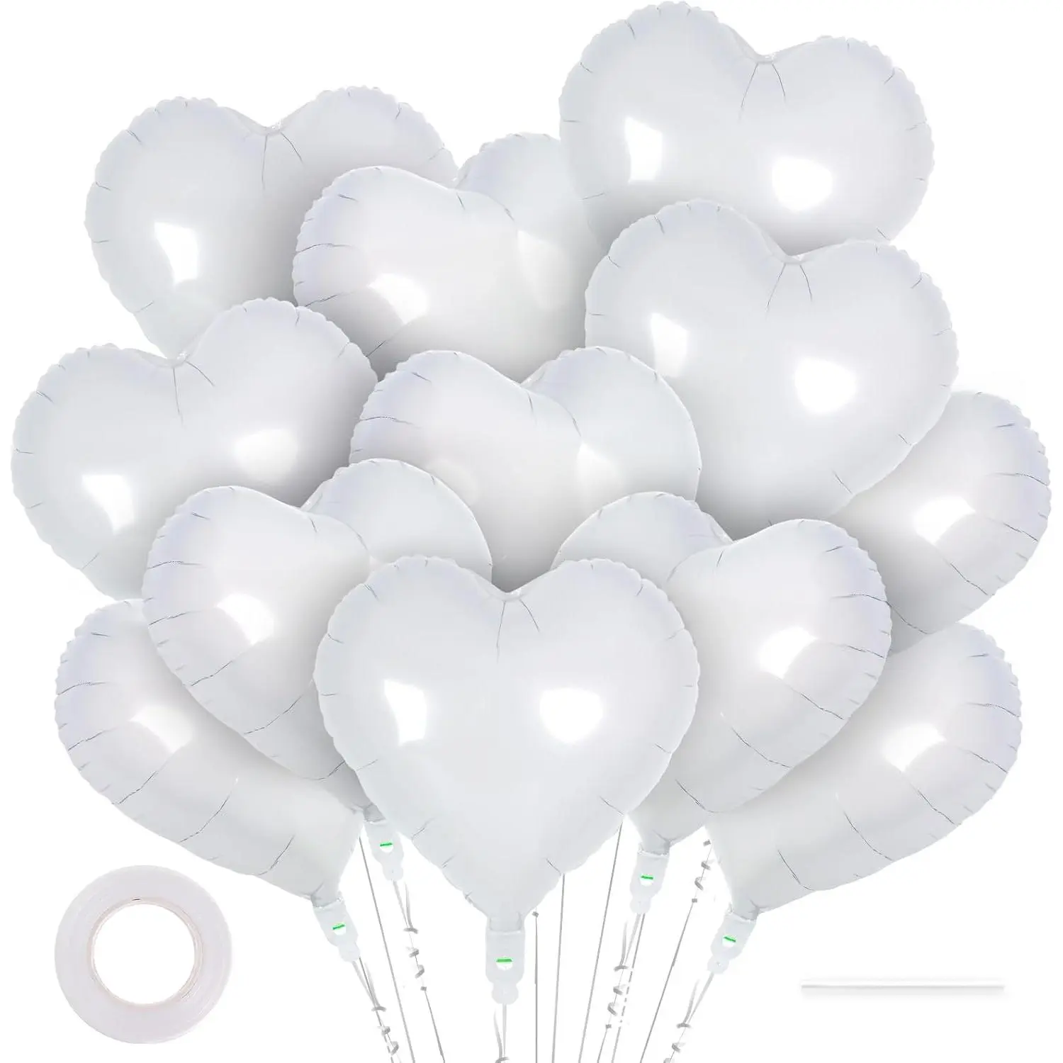 18-Inch Glossy White Self-Sealing Heart-Shaped Aluminum Foil Party Balloons (12 Pcs with Pump) - Lightweight, Reusable, Easy to Hang, Easy to Carry - for Decoration, Balloon Garland