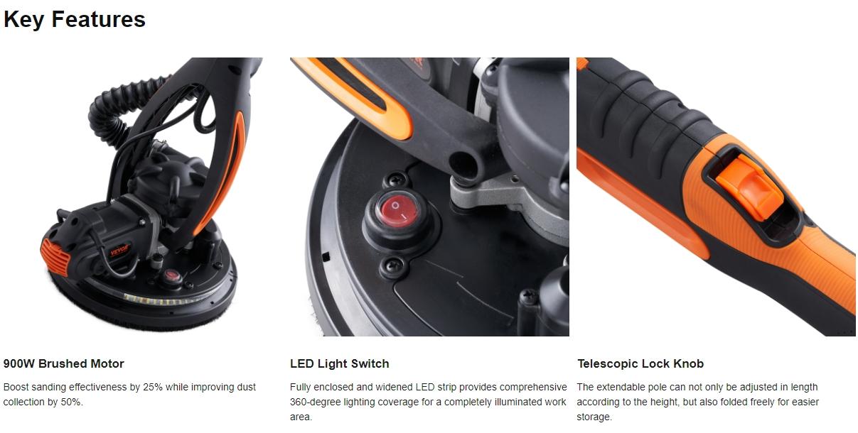VEVOR Electric Drywall Sander, Various specifications, Foldable Handle & Self-Suction, Variable Speed, with LED Strip Light and Vacuum Bag