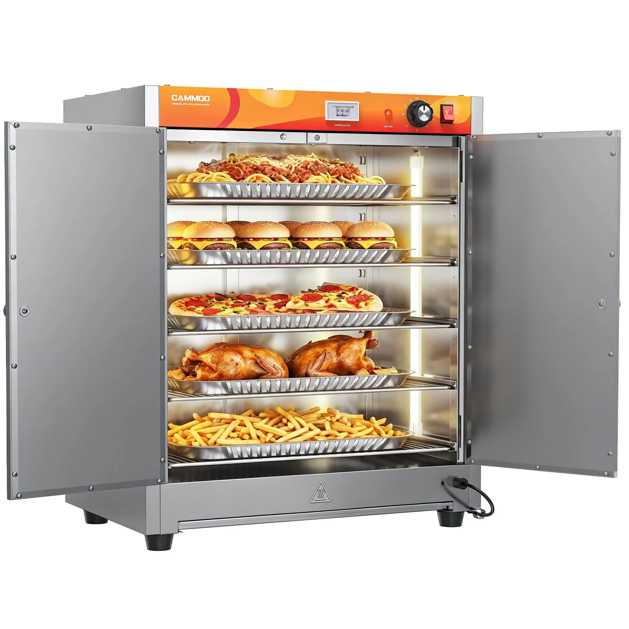 【Summer Sale】CAMMOO Commercial-Grade 133Qt 5-Tier 900W Electric Food Warmer, Countertop Heated Holding Cabinet with LED Light, 304 Blued Stainless Steel Heating Element, Adjustable Shelf, All Stainless Steel Build campingessentials