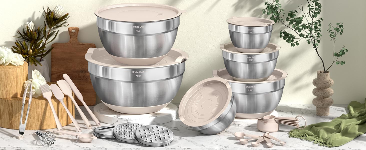 PLL 26Pcs Mixing Bowls with Airtight Lids Set, Mixing Bowls with Grater Attachment Non-Slip Bottoms & Kitchen Gadgets Set for Mixing Utensils Tableware 23