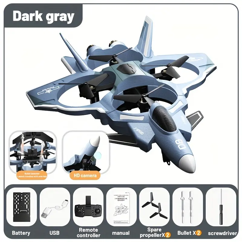Unisex Remote Operated Futuristic RC Fighter Jet Drone - VTOL Airplane with 4-Motor Turbofan Propulsion, Missile Launcher, 360° Flip Stunt, Crash-Resistant EVA Foam, HD Camera, LED Lights, Interactive Features, Holiday & Birthday Gift Toy