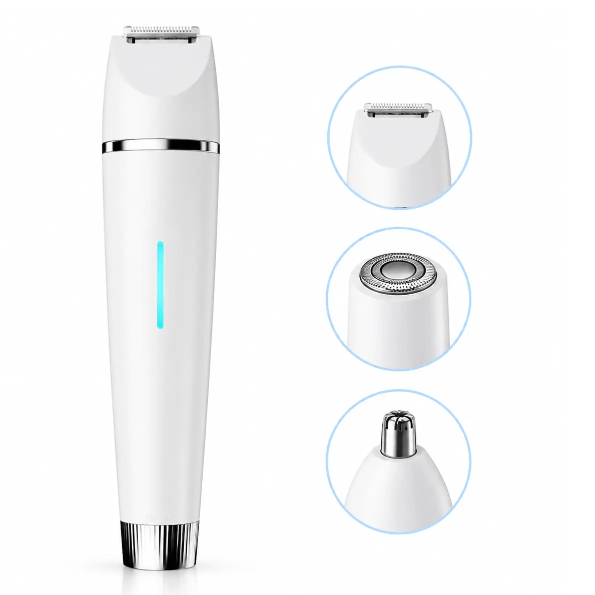 3-in-1 Rechargeable Electric Shaver for Women, Body & Facial Hair Trimmer with Precision, Foil and Nose & Ear Heads, USB-C Charging, White