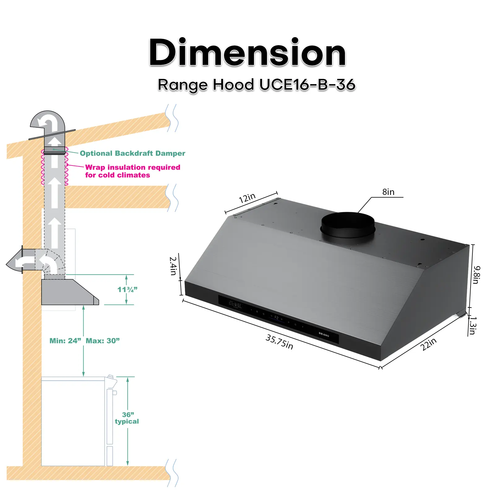 Luxury PVD Titanium Range Hood 1200 CFM, Premium Hybrid Wall Mount & Under Cabinet Kitchen Hood with Smart Control, Quiet Variable Speed Motor and LED Lights