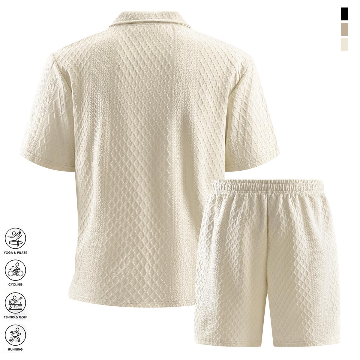 Men's two-piece set summer solid color casual sports short-sleeve polo shirt with lightweight pocket drawstring elastic waist shorts suitable for vacation beach golf outdoor sports breathable cool soft mesh fabric an essential for summer