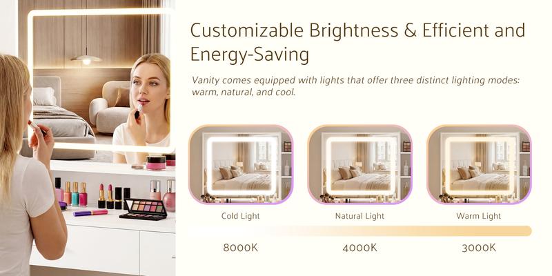 2-Drawer 1-Door / 3-Drawer 2-Door Mirror Makeup Vanity with Light Strip – Stylish & Functional Dressing Table for Modern Living