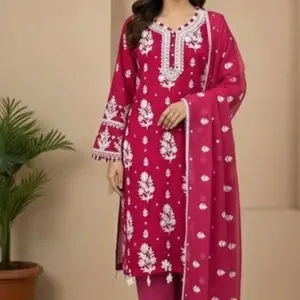 Party Wear Chiffon Embrioded Dresss Lining Attach Shirt and Sleeves with Pull on Trouser and chiffon dupata Womenswear Formal