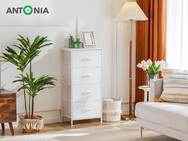 Dresser with 4 Drawers, Storage Tower, Organizer Unit, Fabric Dresser for Bedroom, Hallway, Entryway, Closets, Sturdy Steel Frame, Wood Top, Easy Pull Handle