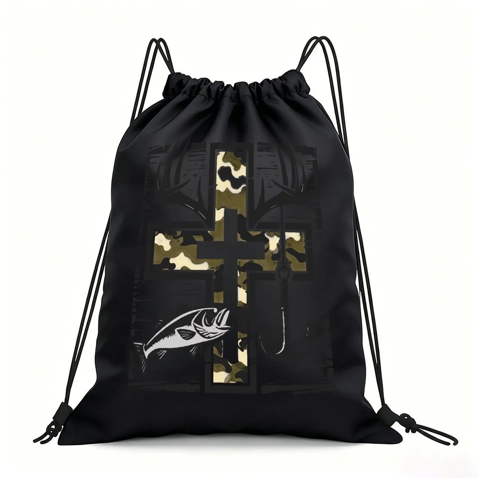Hunt Fish Faith Drawstring Bag with Custom Graphic Print, Waterproof Polyester String Backpack for Gym Workout Swimming Hiking