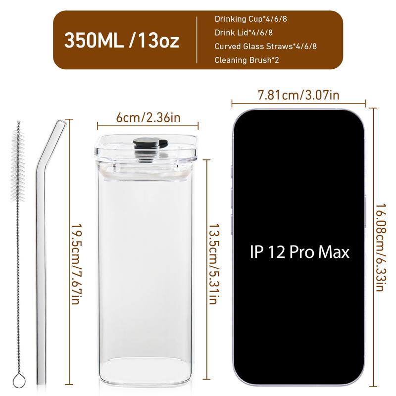 DWTS DANWEITESI 4-Pack Glass Cup and Straw Set - 13oz Portable Square Drinking Glasses for Water, Smoothies, Juices, Coffee & Beer, Stylish Drinkware, Reusable Tumbler Bottles DWTS DANWEITESI 4-Pack Glass Cup and Straw Set - 13oz Portable Square Drinking Glasses for Water, Smoothies, Juices, Coffee & Beer, Stylish Drinkware, Reusable Tumbler Bottles