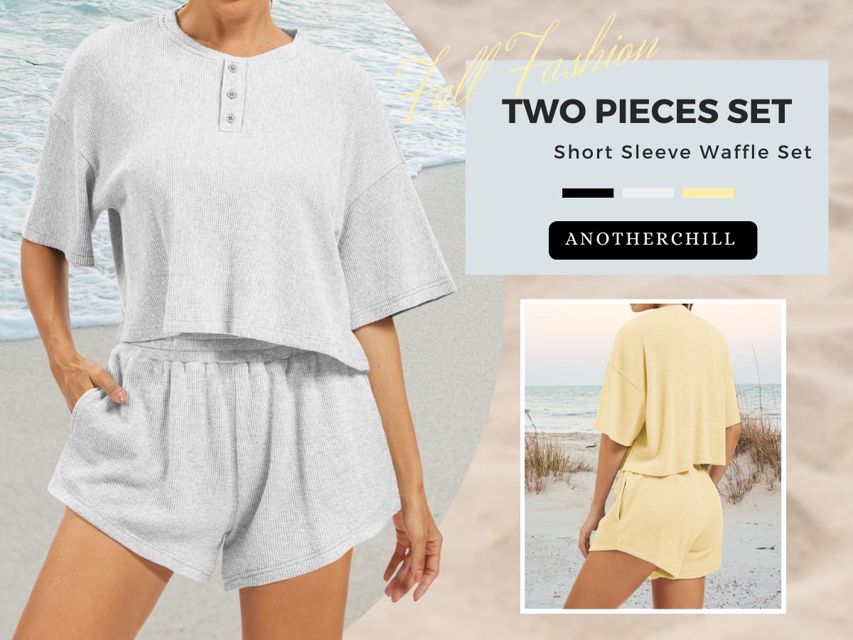 AnotherChill Women's Cropped Waffle Knit Lounge Set – Short Sleeve Henley Top and High Waisted Shorts 2 Piece Casual Outfit