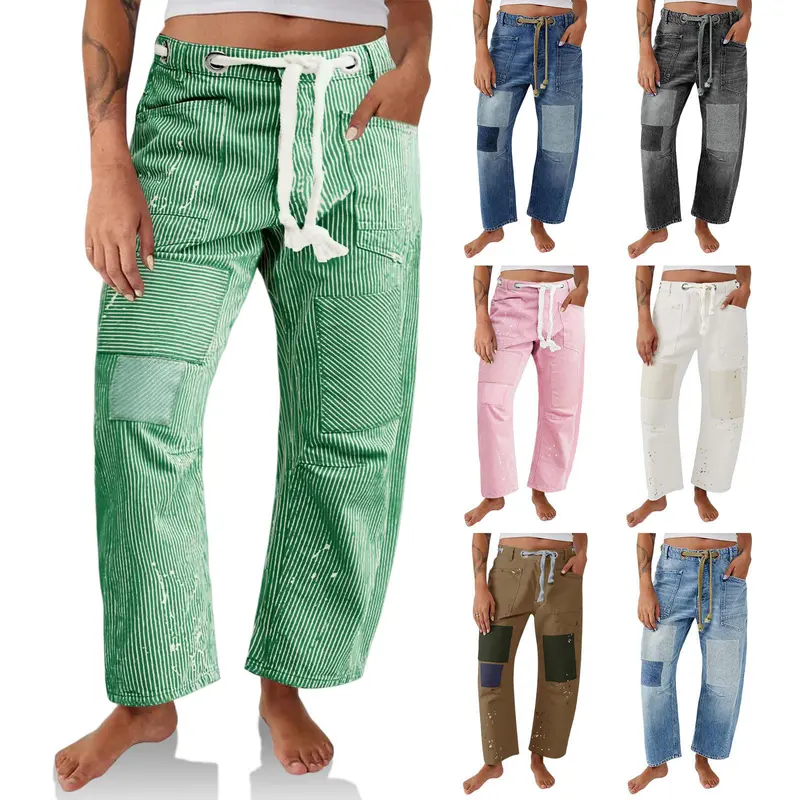 Cicy Bell Women's Baggy Barrel Horseshoe Jeans Wide Leg Patchwork Low Rise Denim Pants with Pockets Streetwear Bottom Fitted Basic Trouser for Stylish Womenswear