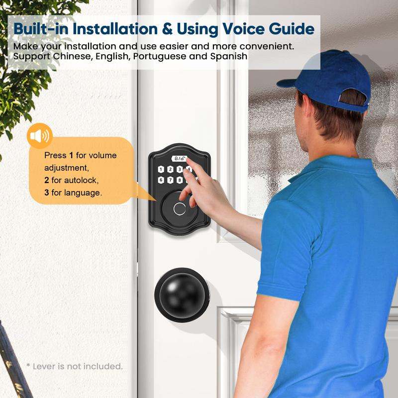 52hz AI Smart Fingerprint Door Lock with Code, Voice Guide, Password lock, Auto Lock, Easy to Install, Black Security-A3