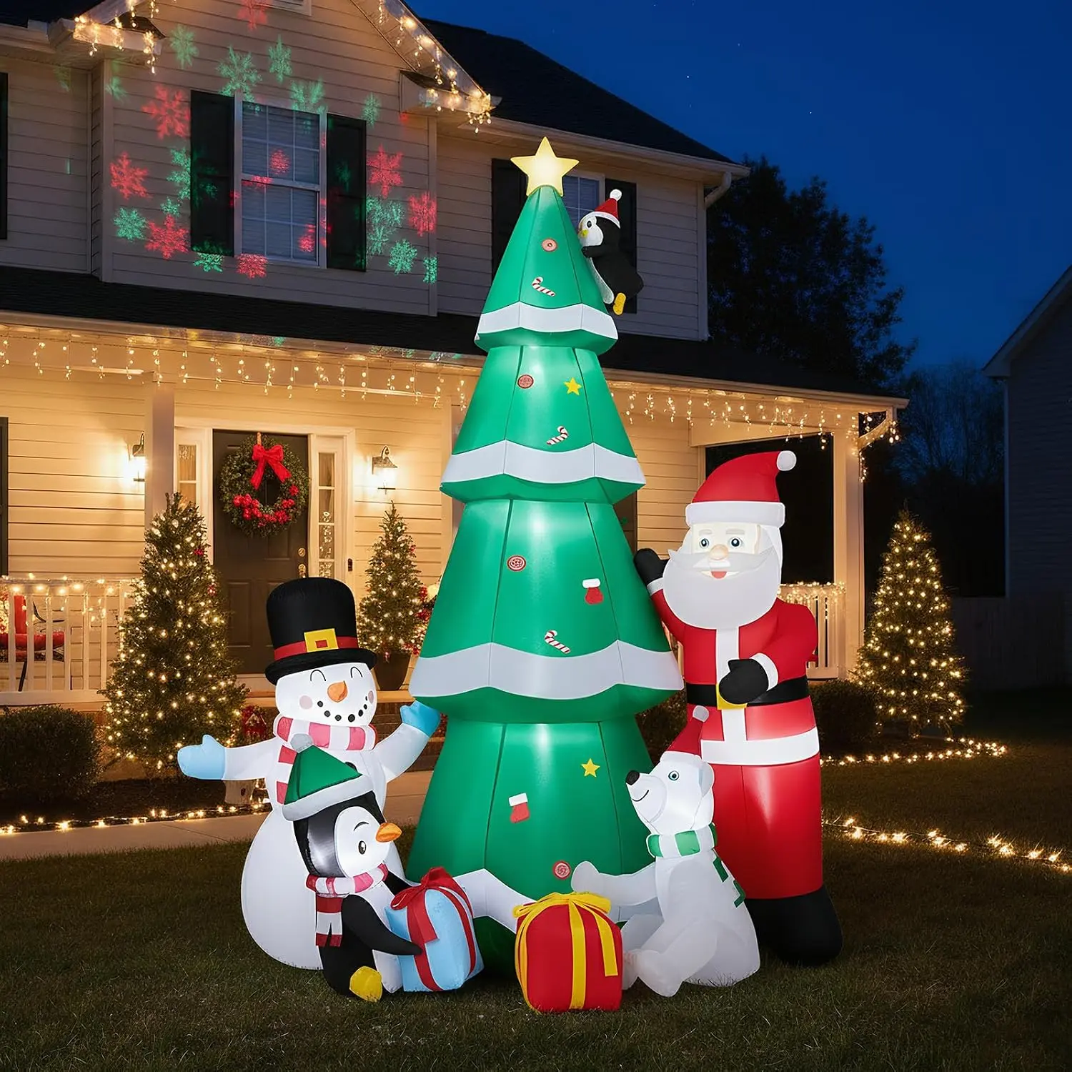 7.5ft Outdoor Christmas Inflatable Decoration Set with Snowman, Penguin, Polar Bear, Santa Claus, 7.5ft Christmas Tree, Built-in Blower, LED Lights, Stakes, Tethers for Porch, Lawn