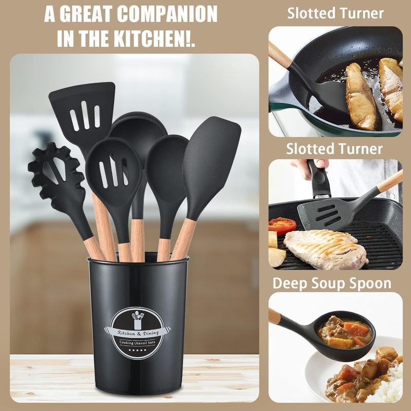 Wooden handle silicone kitchenware 12-piece set with round storage bucket, including non-stick spatula, spoon and blender, etc., perfect for Christmas,  Easter gifting. silicone kitchenware Set with Baking Tool. Utility. Cookware Kitchen Utensil Set