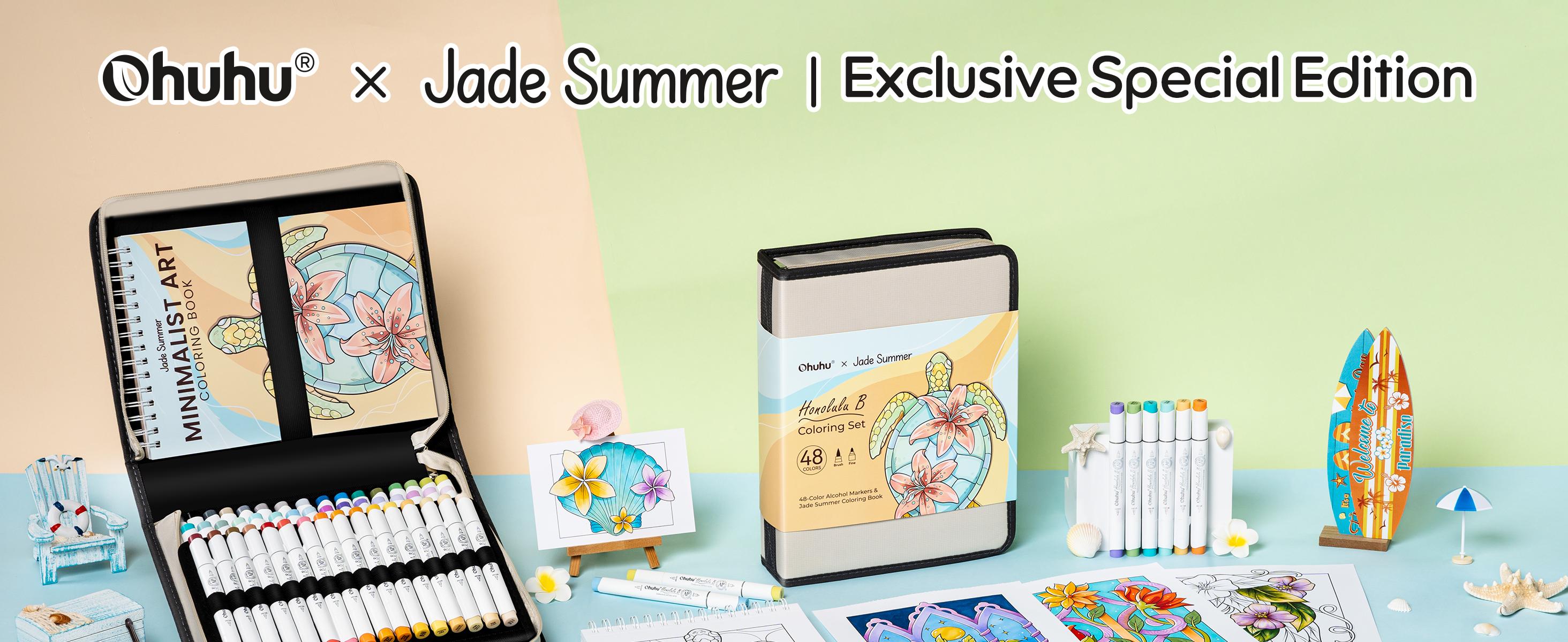 Ohuhu x Jade Summer Coloring Set: Brush & Fine Dual Tips - 47-Color - 47 Alcohol Markers & Coloring Book | Co-branded Coloring Kit,  Alcohol Markers Coloring Set for Stress Relief - Honolulu B Series of Ohuhu