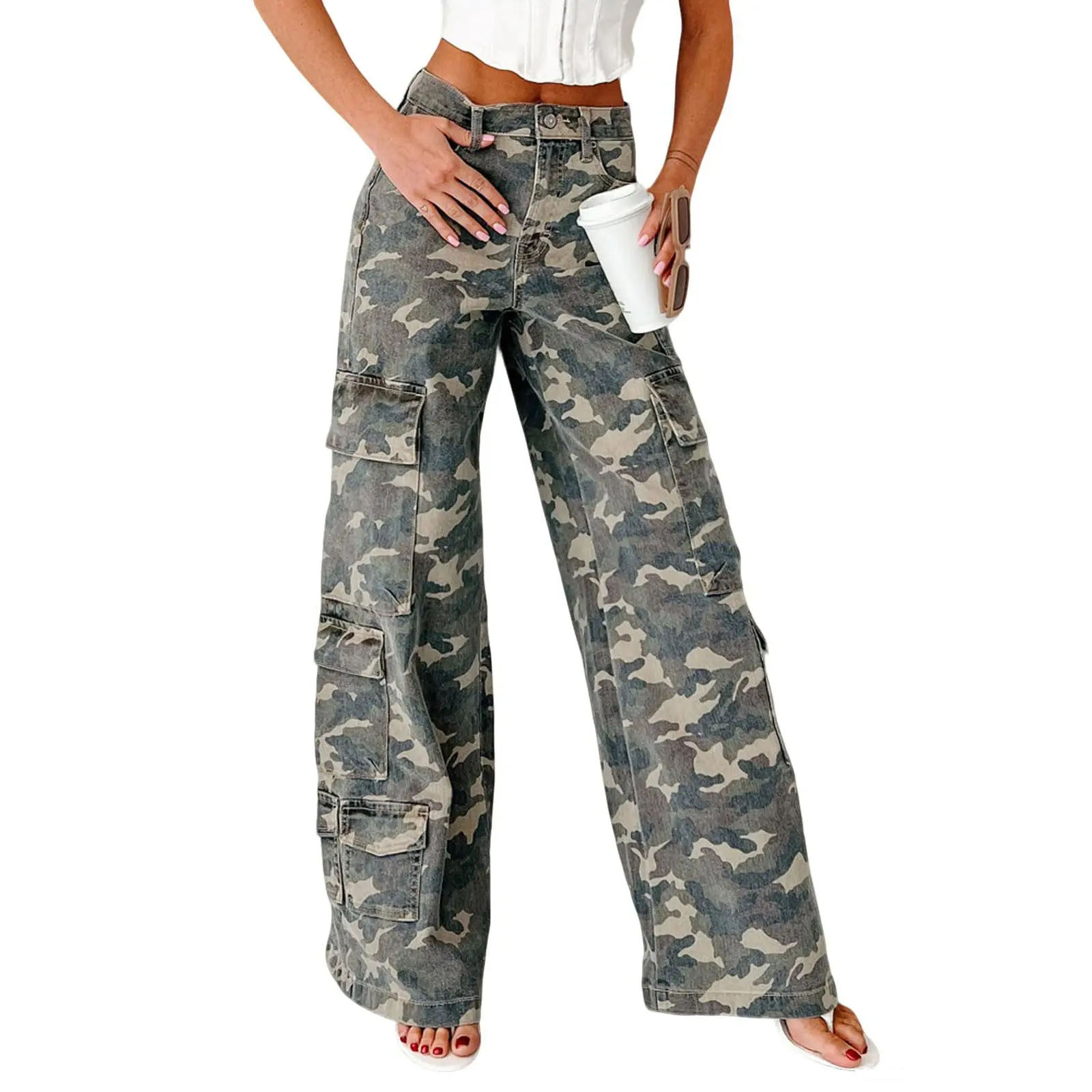 Chouyatou Women's Y2K Wide-Leg Cargo Denim Pants Mid-Rise Casual Camouflage Print Jeans Slightly Flared Distressed Camouflage Jeans with Multiple Pockets,back to school shopping