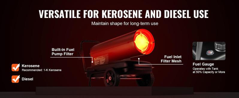VEVOR Kerosene Forced Air Heater, 70000 BTU Portable Torpedo Diesel Space Heater with Thermostat, 5 Gallon Tank Energy-Efficient heavy-duty Heater, for Indoor Outdoor Use Workshop Industry