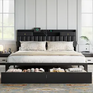 MRAEER Upholstered Bed Frame with 4 Storage Drawers, Velvet/PU/Linen Bed Frame with Comfort Headboard, Wooden Slatted Support, No Box Spring Required, Easy Assembly, No Noise