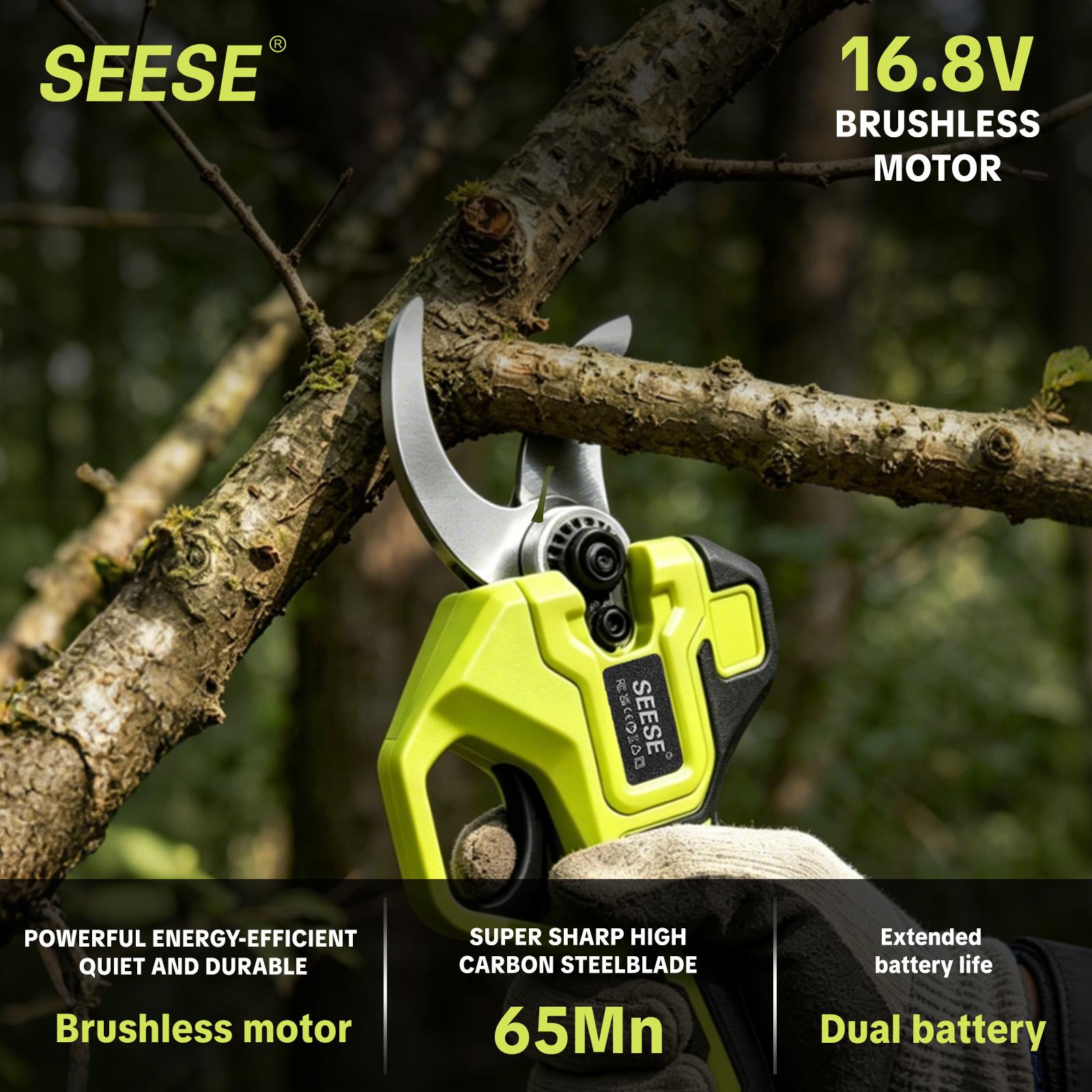 SEESE Electric Pruning Shears for Gardening: 1.25" Cutting Cordless Power Pruner, Brushless Motor, Dual21V Battery For Tree & FlowerTrimming SEESE Electric Pruning Shears for Gardening: 1.25" Cutting Cordless Power Pruner, Brushless Motor, Dual21V Battery For Tree & FlowerTrimming