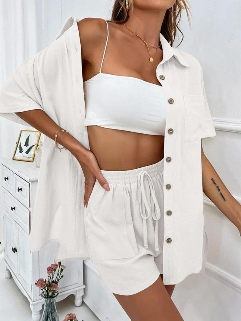 Women's Solid Button Front Shirt & Drawstring Waist Shorts Two-piece Set, 2 Counts Casual Short Sleeve Top & High Waist Shorts, Ladies Summer Outfits 2024 for Daily Wear