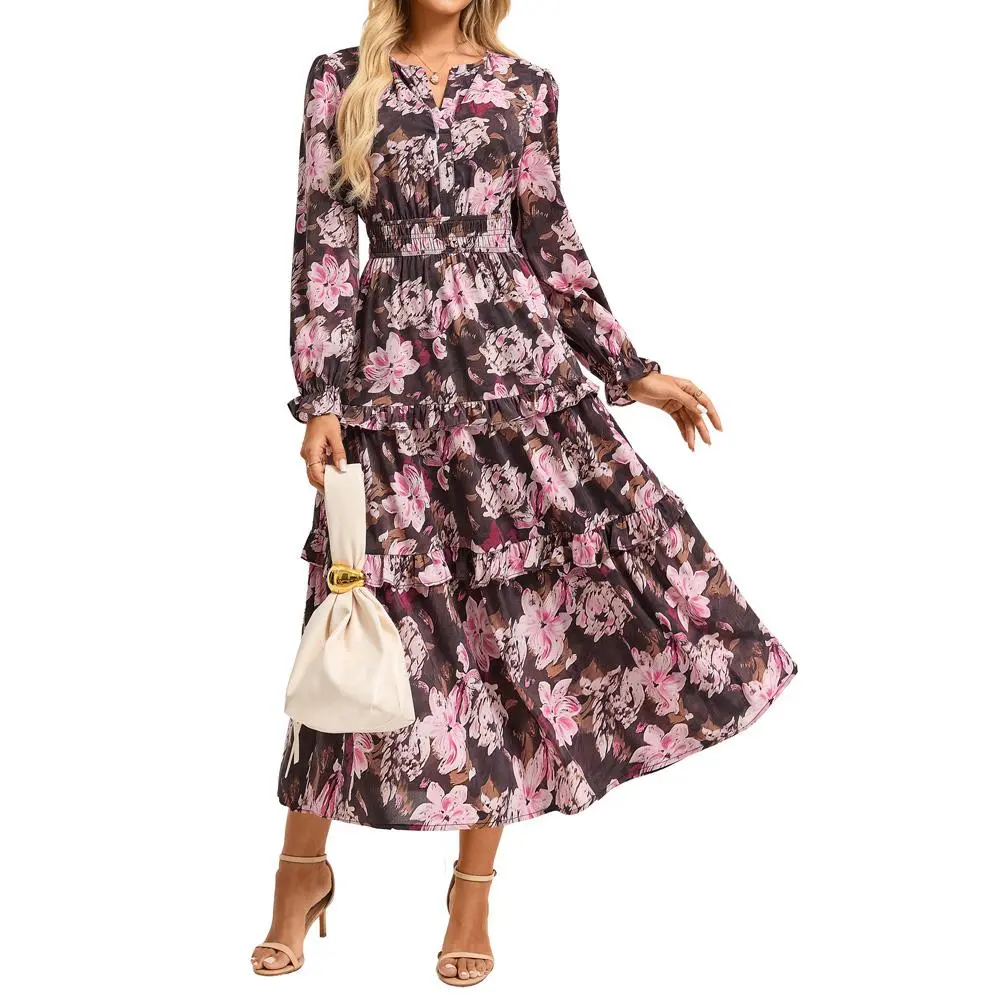 【Grace Karin】Women's Chic Floral Print Maxi Dress - V-Neck A-Line Breezy Chiffon Gown, Long Sleeves, Pockets, Ankle-Length, Wedding Attire, Ruffles, Elegant Modest Hem