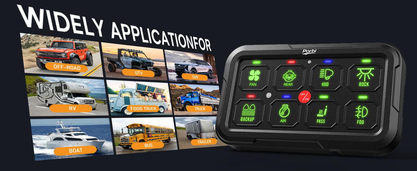 RGB 8 Gang Switch Panel, Universal Circuit Control Relay System w/Momentary Toggle Pulsed Memory Function, Automatic Dimmable, 12-24V Light Switch Panel for Truck UTV Car Boat, IP65 Waterproof RGB 8 Gang Switch Panel, Universal Circuit Control Relay System w/Momentary Toggle Pulsed Memory Function, Automatic Dimmable, 12-24V Light Switch Panel for Truck UTV Car Boat, IP65 Waterproof