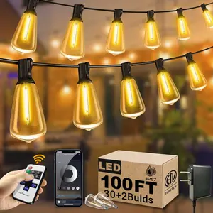 DREAMLAND Smart Outdoor String Lights Patio Deals 100FT with 32 Bulbs,Dimmable Shatterproof ST38 Vintage Edison Bulbs led lights,Waterproof with with Remote and APP Control  Wifi Led Strip Hanging Lights for Outside Porch, Deck, Garden, Backyard, Balcony