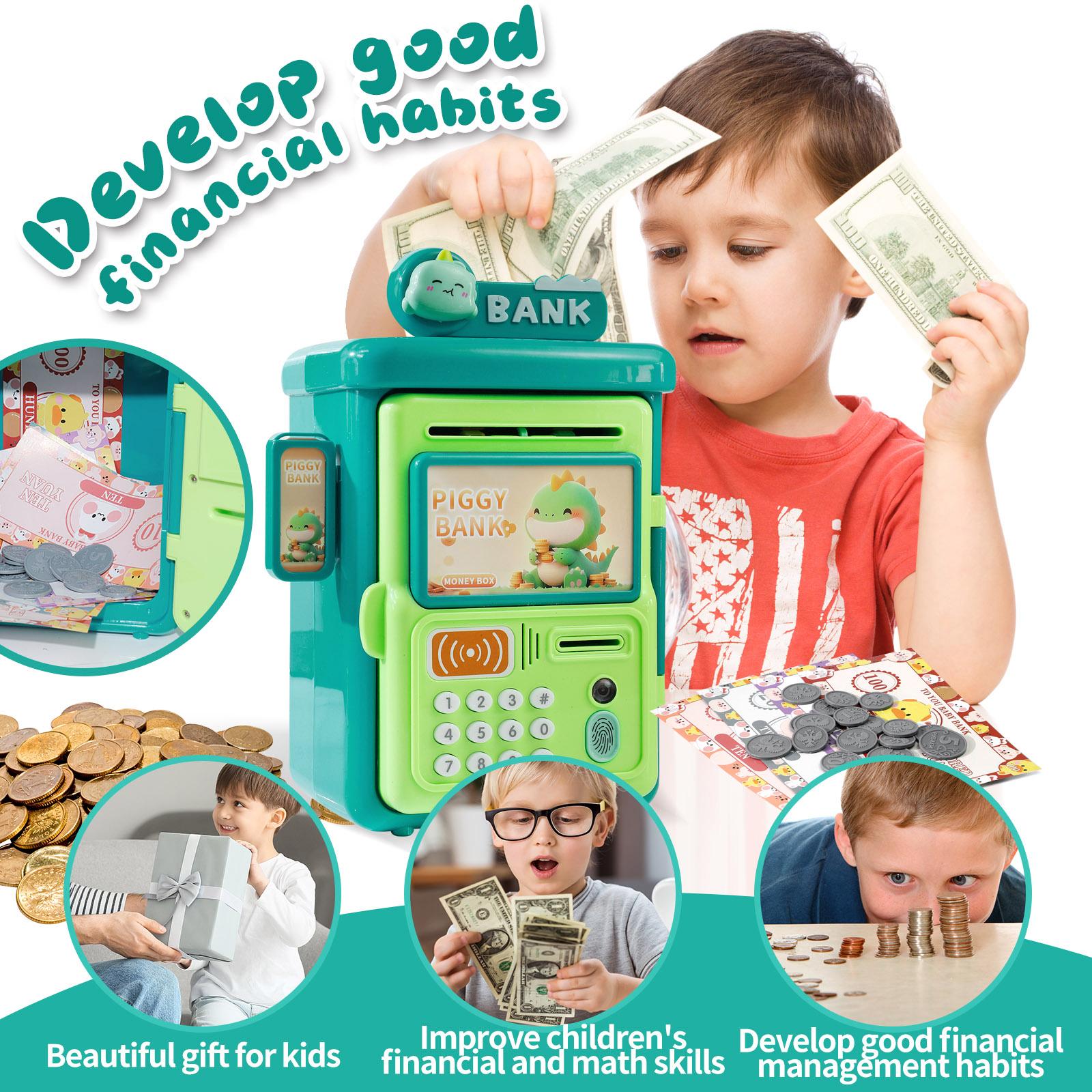 Rabbit ATM Piggy Bank Toy for Kids - Mini Coin Bank with Password Protection, Auto Bill Slot, Fun Dinosaur Design, Pink & Green Ornaments