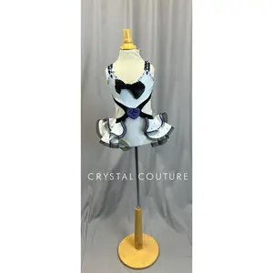 White and Black with a Blue Bow, Leotard with Structured Skirt - Rhinestones -Accessories