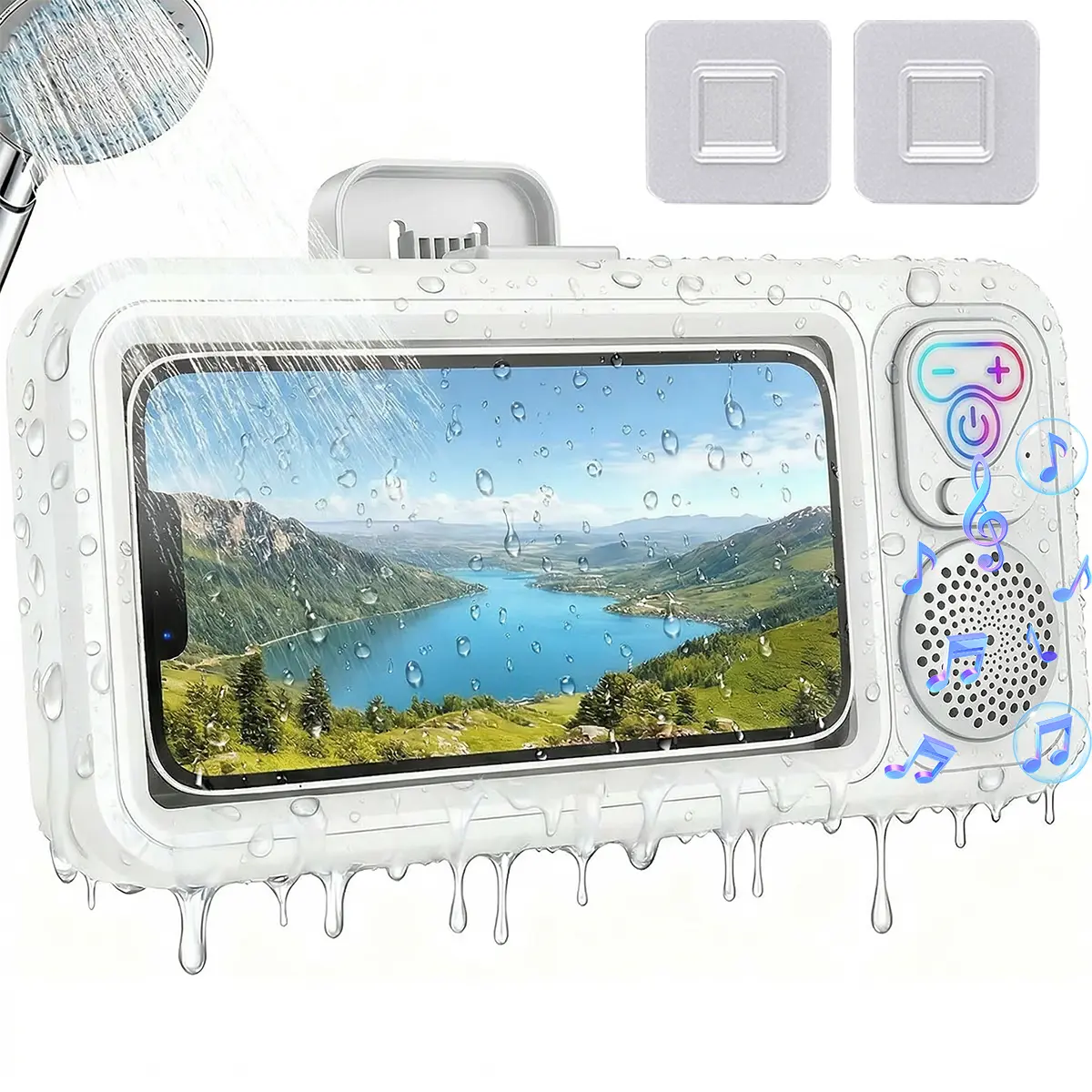 Multifunctional IPX7 Waterproof Box Speaker, 360° Rotating Touch Screen Bluetooth Speaker with Phone & Shower TV Holder, Suitable for Bathroom, Pool, Kitchen, Sink